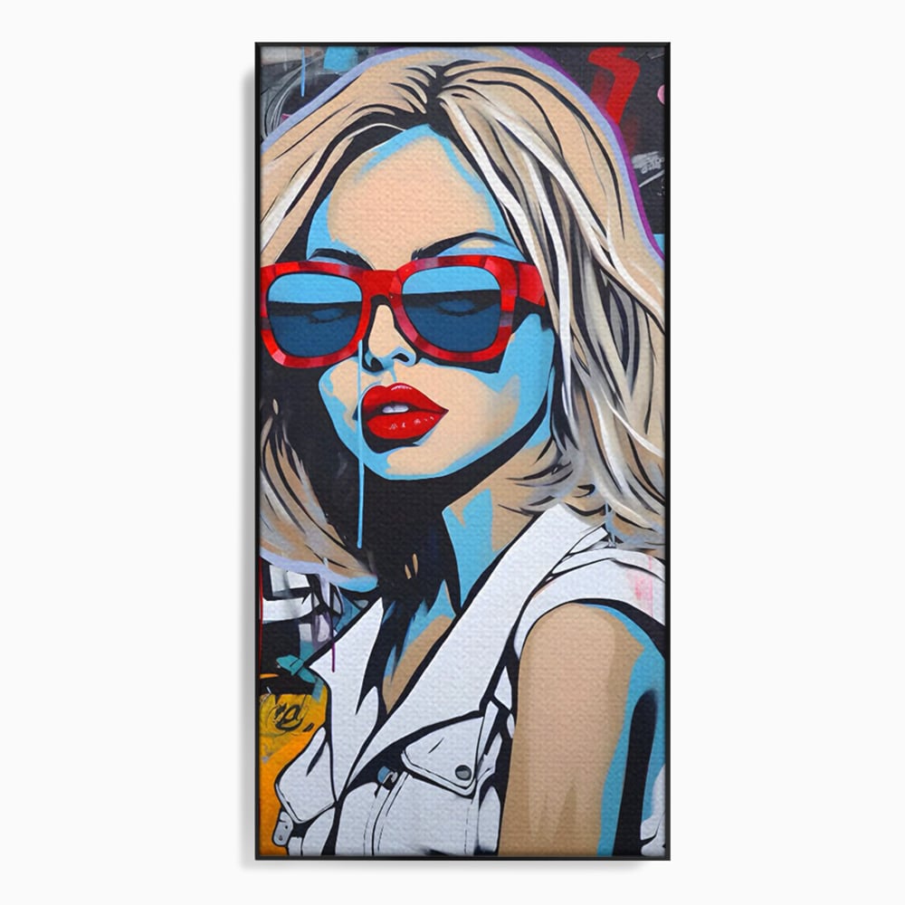 Tablou canvas cu tablou canvas portret pop art femeie cu ochelari, in rama de aluminiu negru